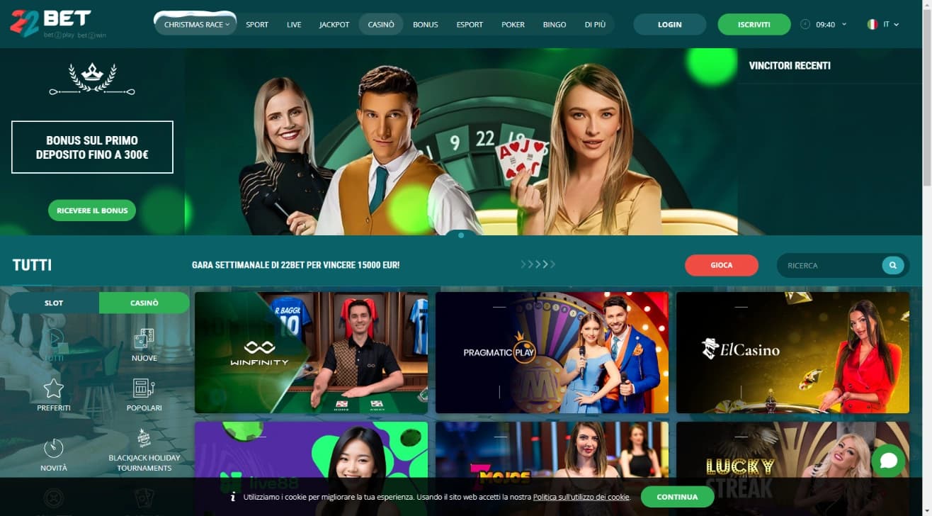Palinsesto di scommesse presente su 22Bet