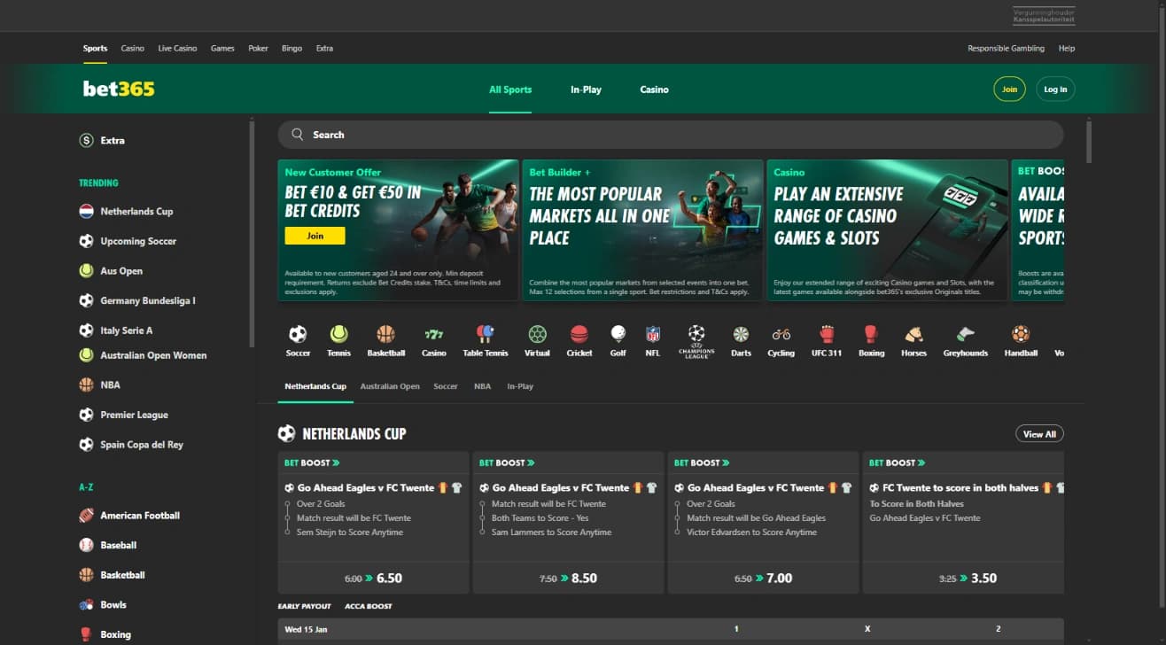 Palinsesto di scommesse presente su Bet365