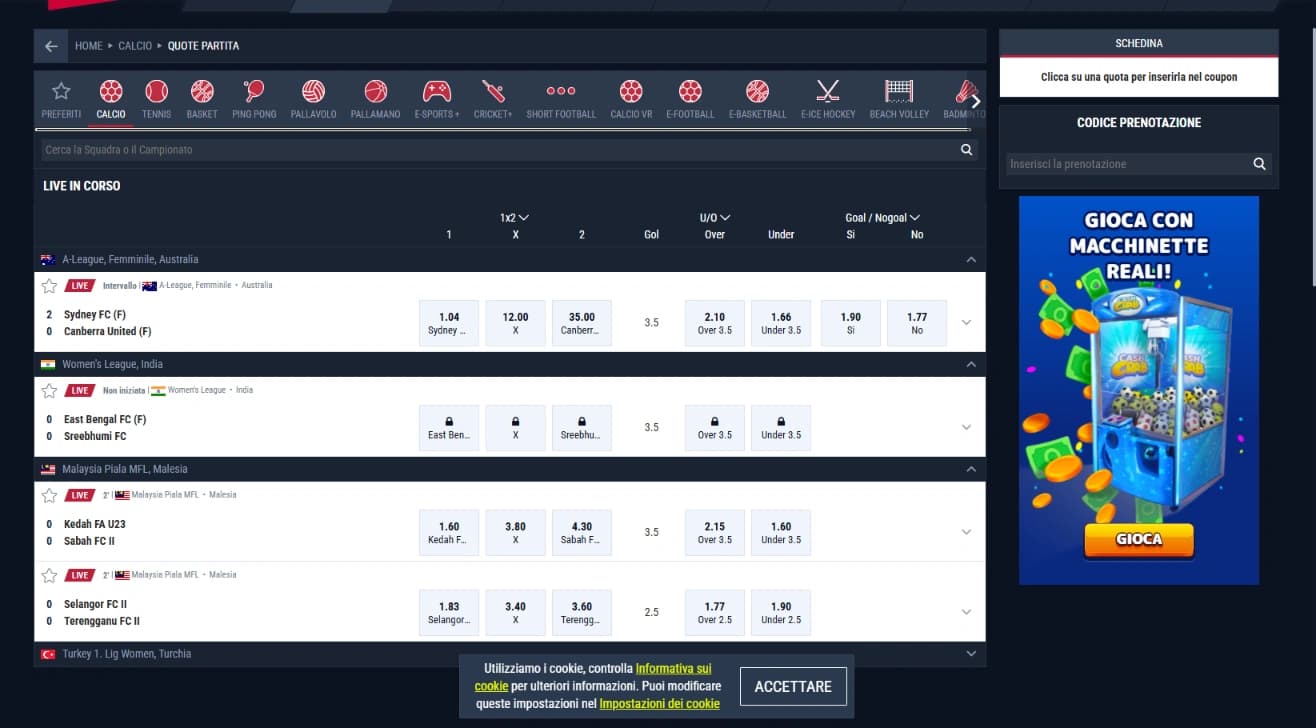 Palinsesto di scommesse presente su Rabona