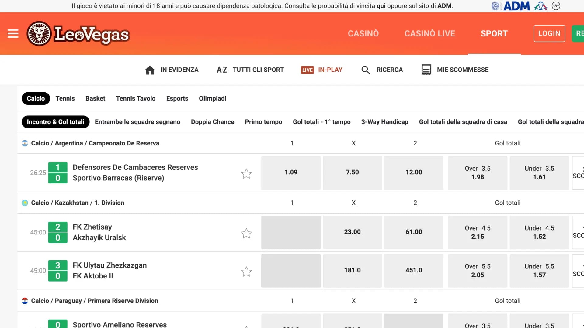 LeoVegas Scommesse Live