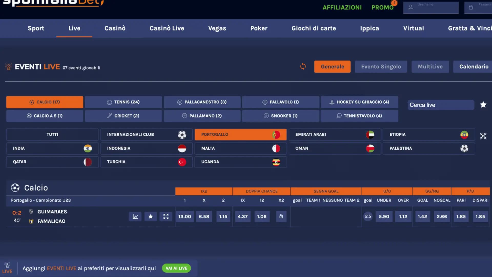 Sportitaliabet Scommesse Live