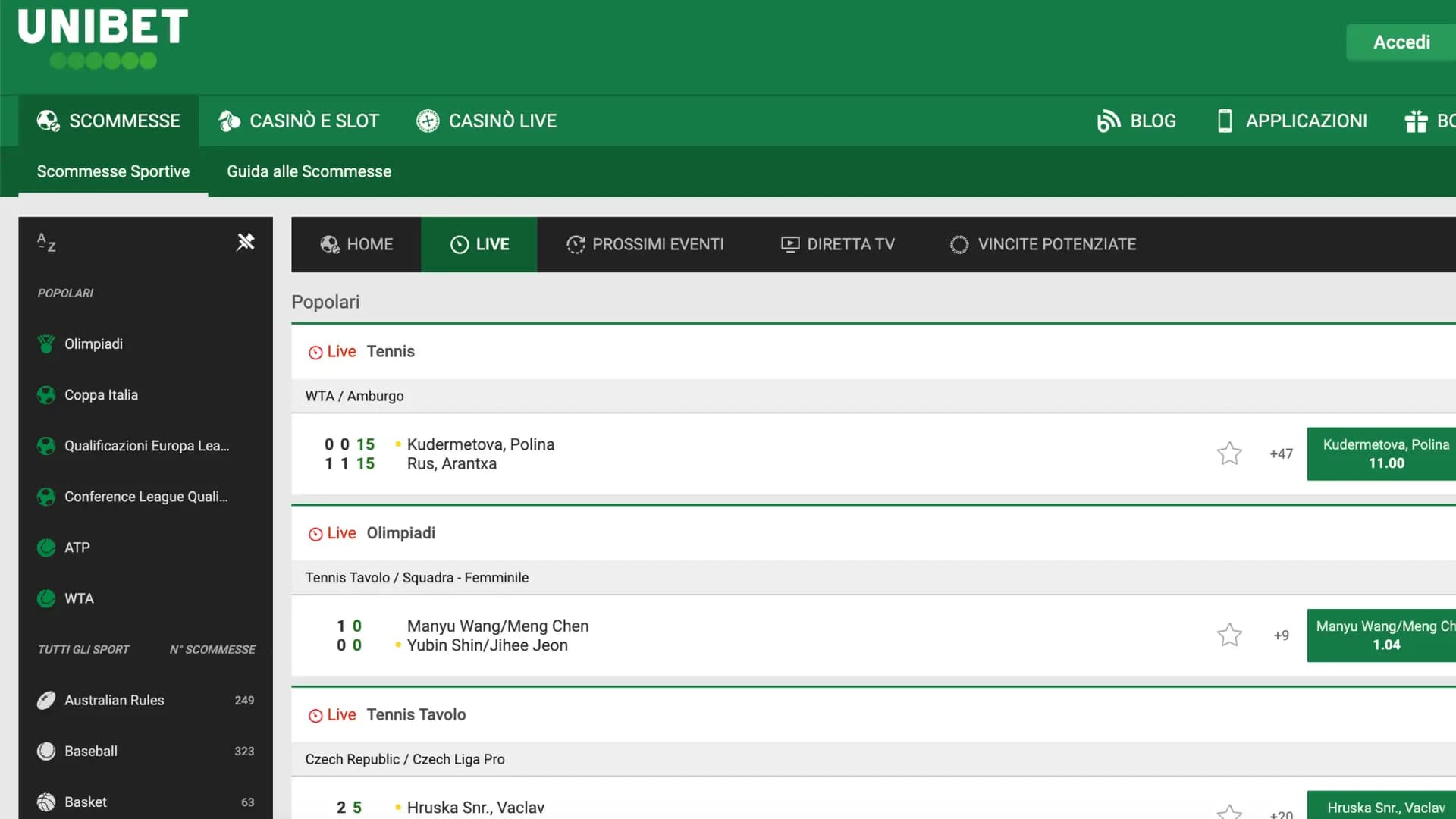 Unibet Scommesse Live