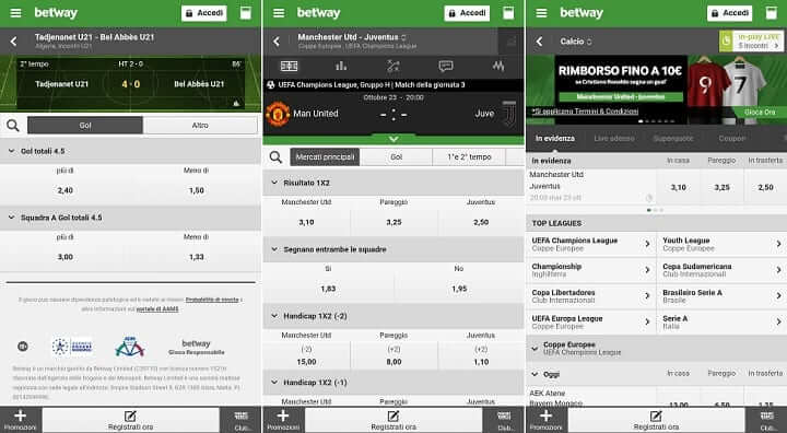 Betway app mobile scommesse