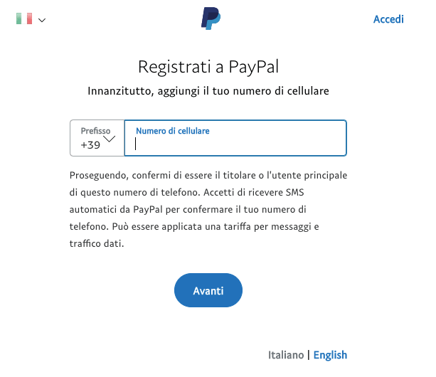 PayPal Registrazione